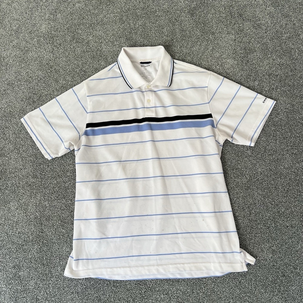 Chaps Polo Shirt White Blue Striped Short Sleeve Mens L